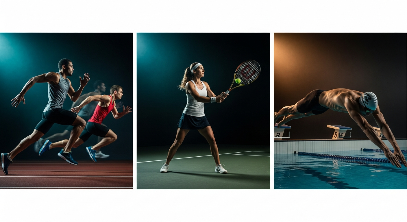 Athletes in action — runners, tennis, swimming